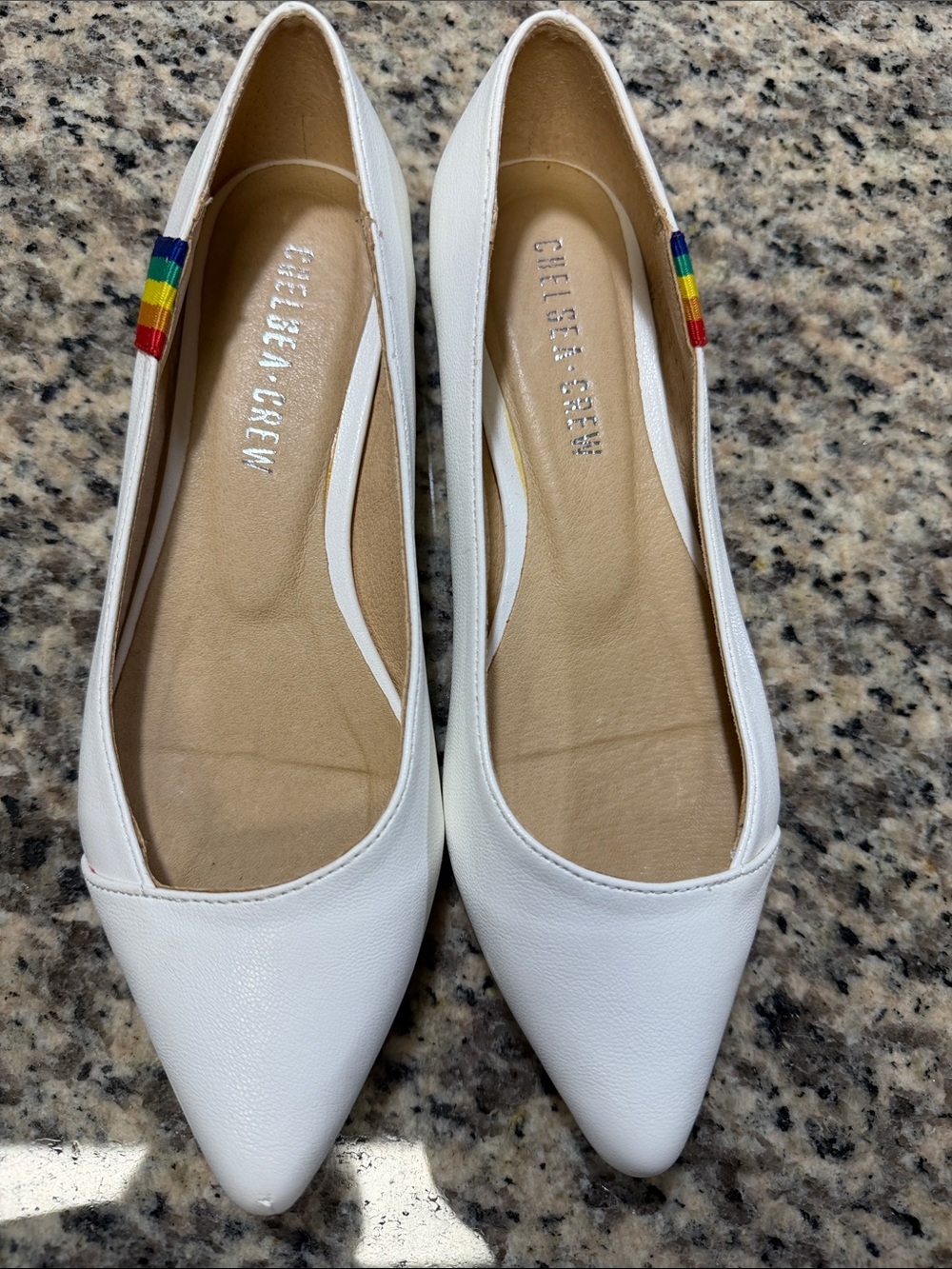 chelsea crew White Pointed-Toe Flats with Rainbow Ribbon Accent